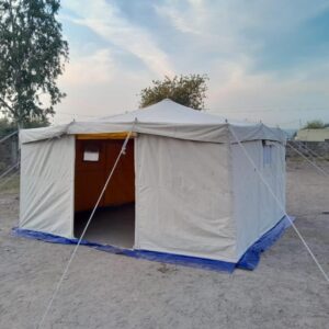 Make: Single Fly Two-Fold Tent with Mud Flap All Around the Tent. Size: 4 x 4 Mtr. Area: 16 M². Central Height: 2.5 Mtr. Wall Height: 1.98 Mtr. Material Outer Fold: Cotton Canvas Cover Waterproof and Rot Proof Weight 435 gsm ± 5%. Inner Fold: Cotton Lining Yellow Fabric 130 gsm ± 5%. Color: Natural White. Doors: 2 Doors. Windows: 2 Windows. Frame: Iron Pole, Standing Pole & Wall Poles, 12 Cotton Rope. Accessories: Pegs & Hammer. Packing: In one bale with all accessories. Weight: 40 Kg ± 5%.